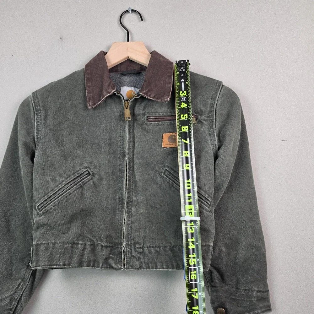 Carhartt Detroit Jacket Kids 6/7 Green Blanket Lined Chore Coat Brown Collar Y2K